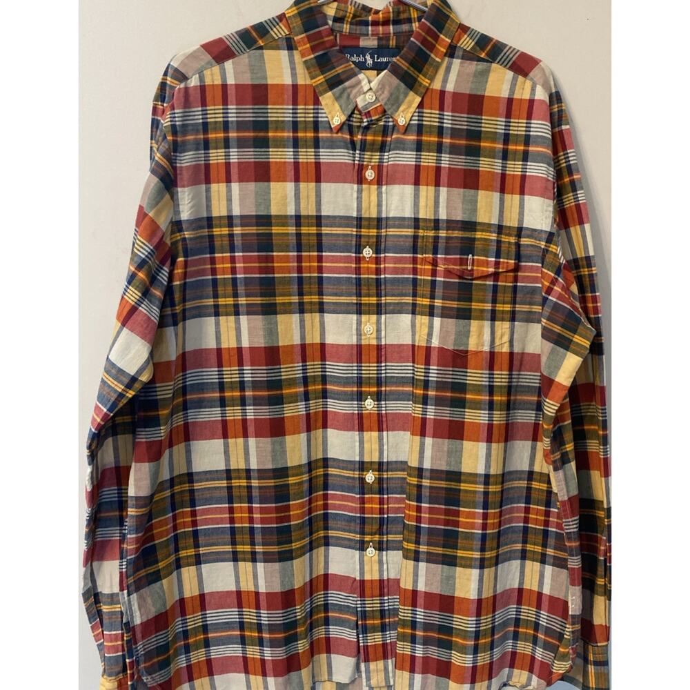 Ralph Lauren Men's Red Blue Multicolor Pocket Lightweight L/S Shirt Size XL